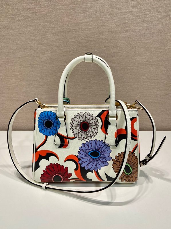 Prada Small Galleria Printed Saffiano Leather Bag Tote Shoulder Bag White 1BA896 